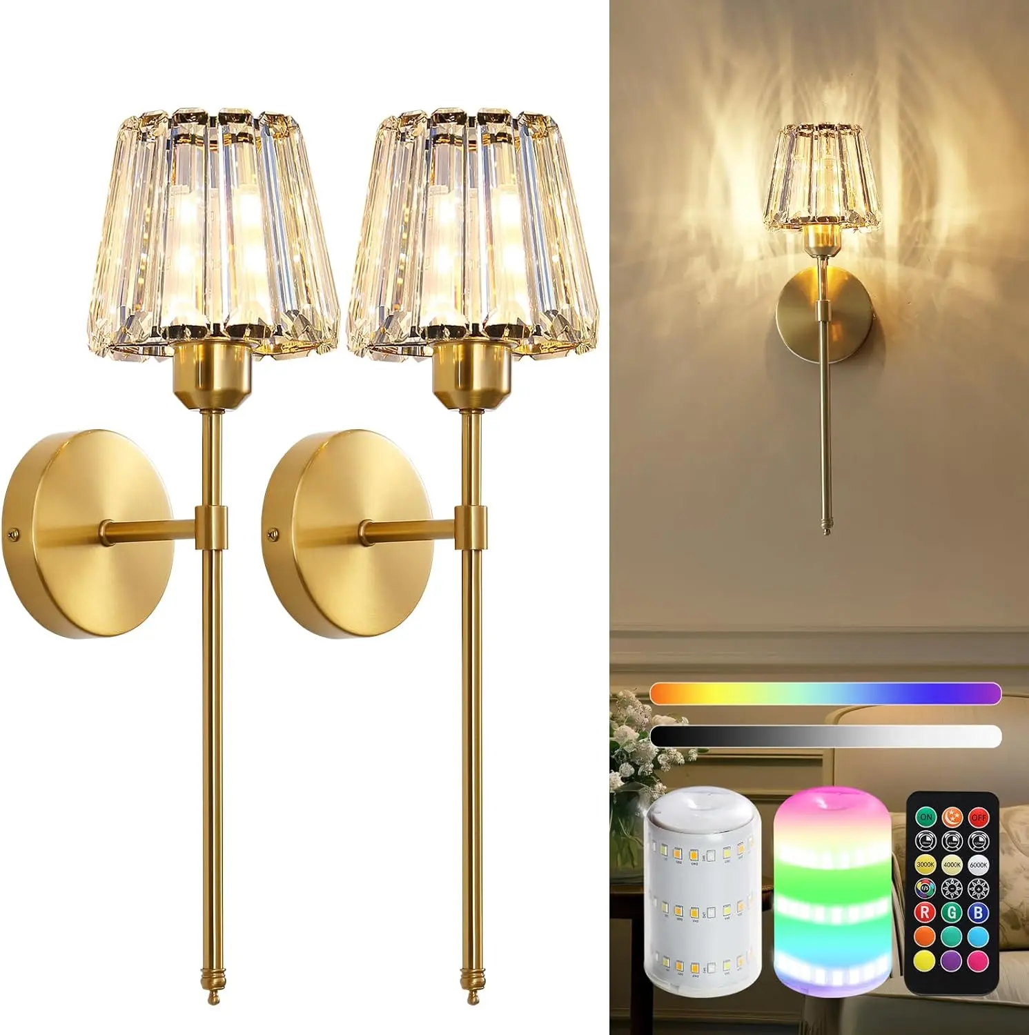 Crystal Battery Operated Wall Sconces Set of 2, Black and Gold Rechargeable Wireless Wall Lights with Crystal Lampshade, 12 RGB and 3CCT Dimmable Wall Lamps with Remote for Bedroom Living Room Hallway