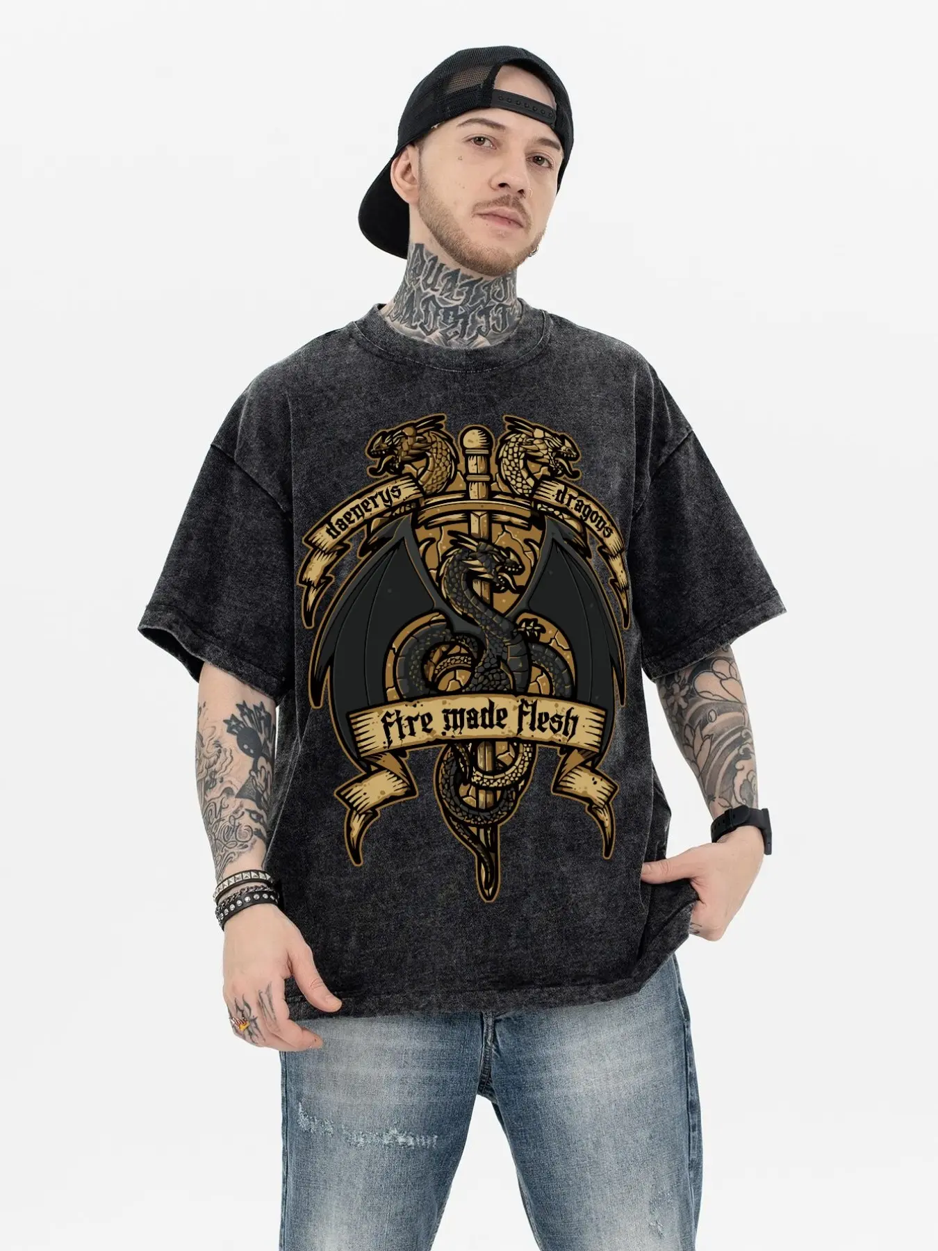 Game of Thrones Daenerys Dragon Print Short Sleeve T-Shirt Men, Vintage American Style Loose Fit Casual Wear, Outdoor Sports