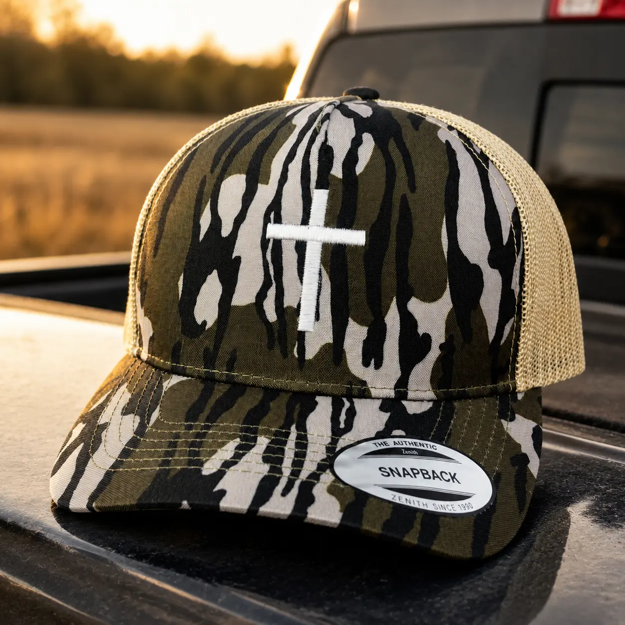 [BEST SELLER 2026] Christian Cross Camo Trucker Hat, Embroidered Cross Snapback Cap, Hunting Camouflage Mesh Hat, Faith Gift for Men, Outdoor Christian Hat