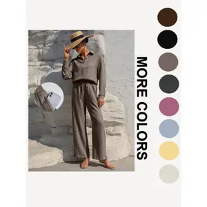 Lm131 Tie Front WideLeg Pants With Pockets & Women's Solid Button Front Shirt Two-piece Set,Casual Modest Outfit Clothes.