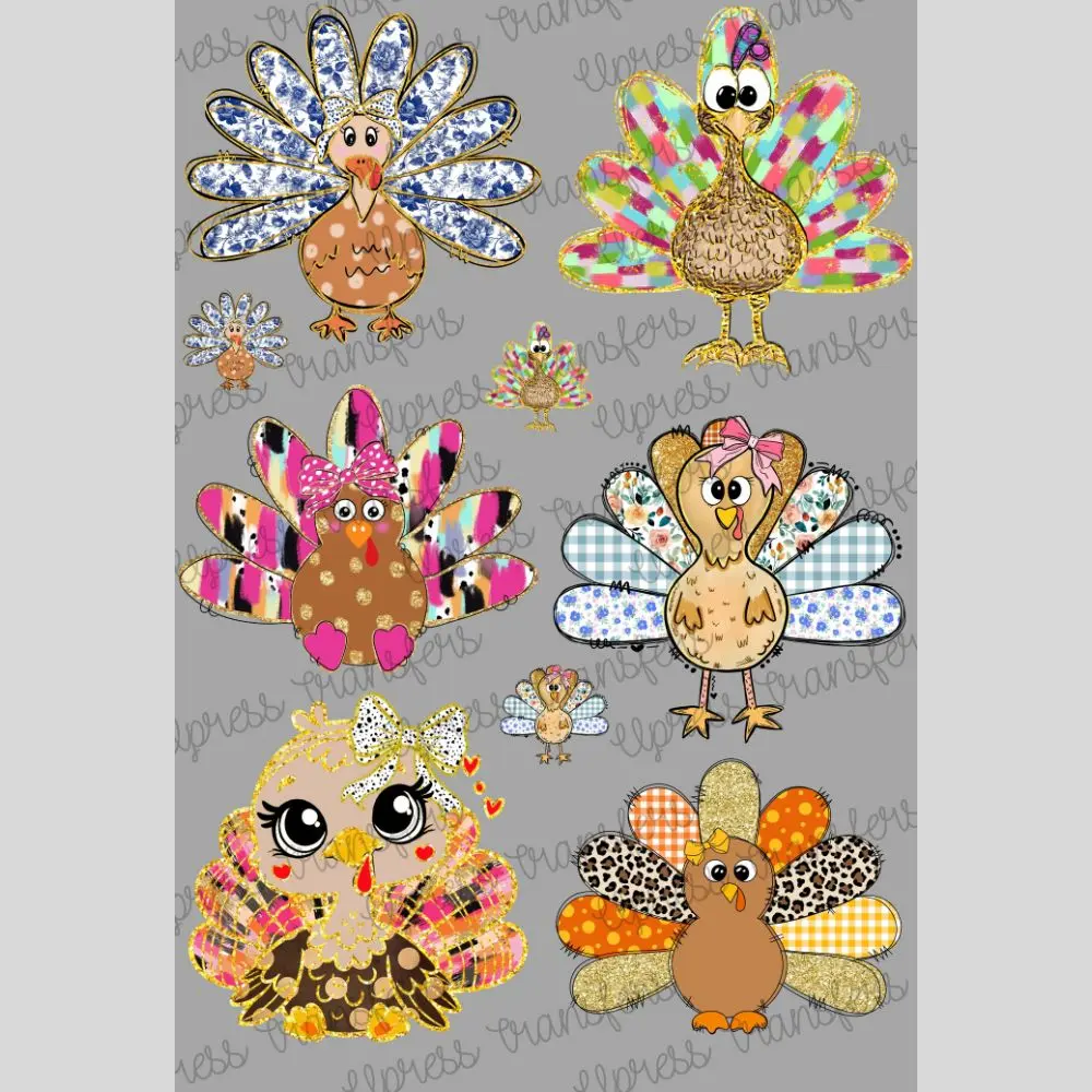 Too Cute Turkeys Mini DTF Transfer Gang Sheet 24.5" wide x 36" long Direct To Film