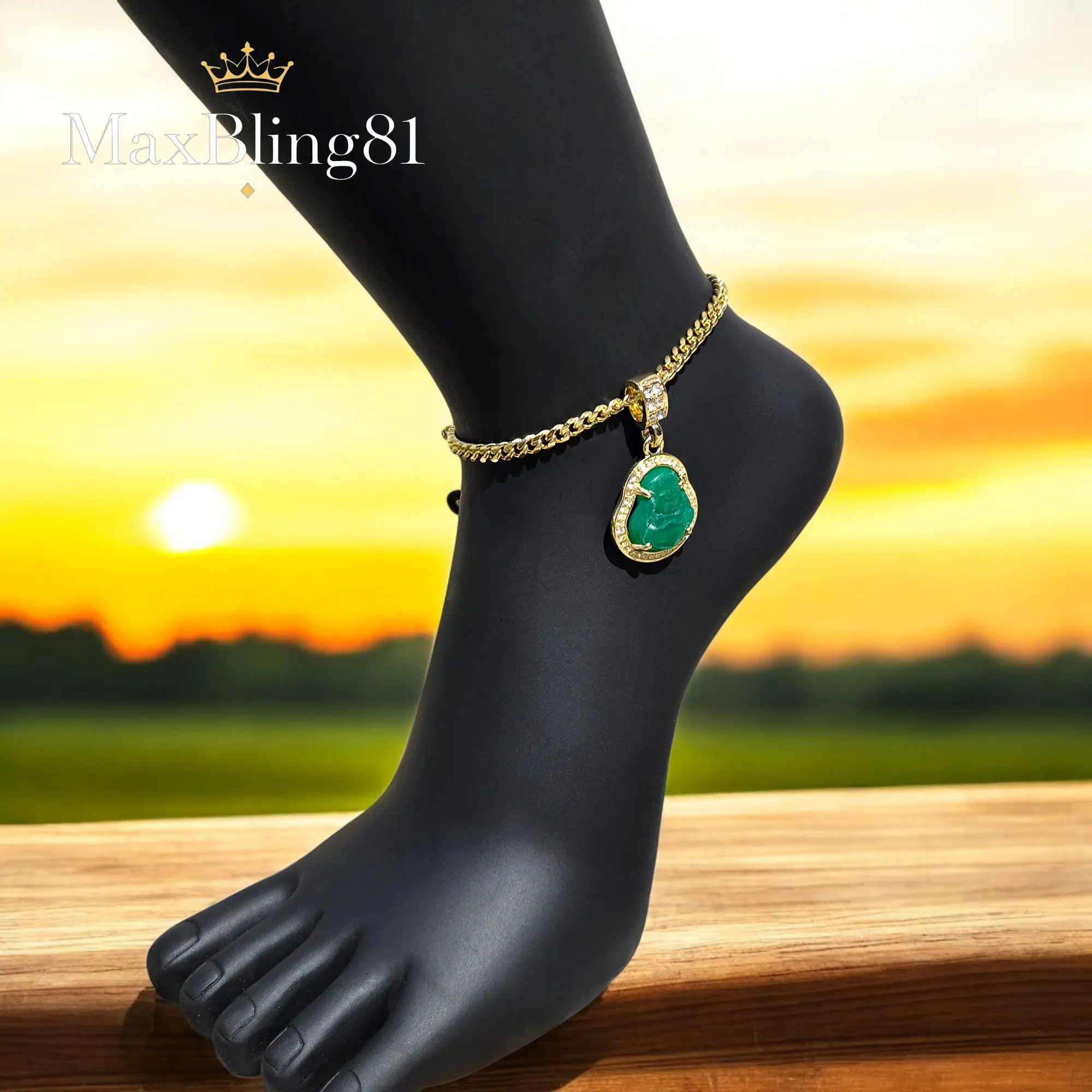 MaxBling81 Women's High Quality Bracelet & Anklet Set - Jade Buddha CZ Charm Anklet, 4mm 10" 14K Stamped Cuban Bling Brass Chain Costume Jewelry