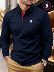 Men's Solid Color Long Sleeve Polo Shirt, Fitted Casual Collared, High-End Fashion Fabric, Casual Sports Leisure Wear, All Seasons, Geometric Pattern
