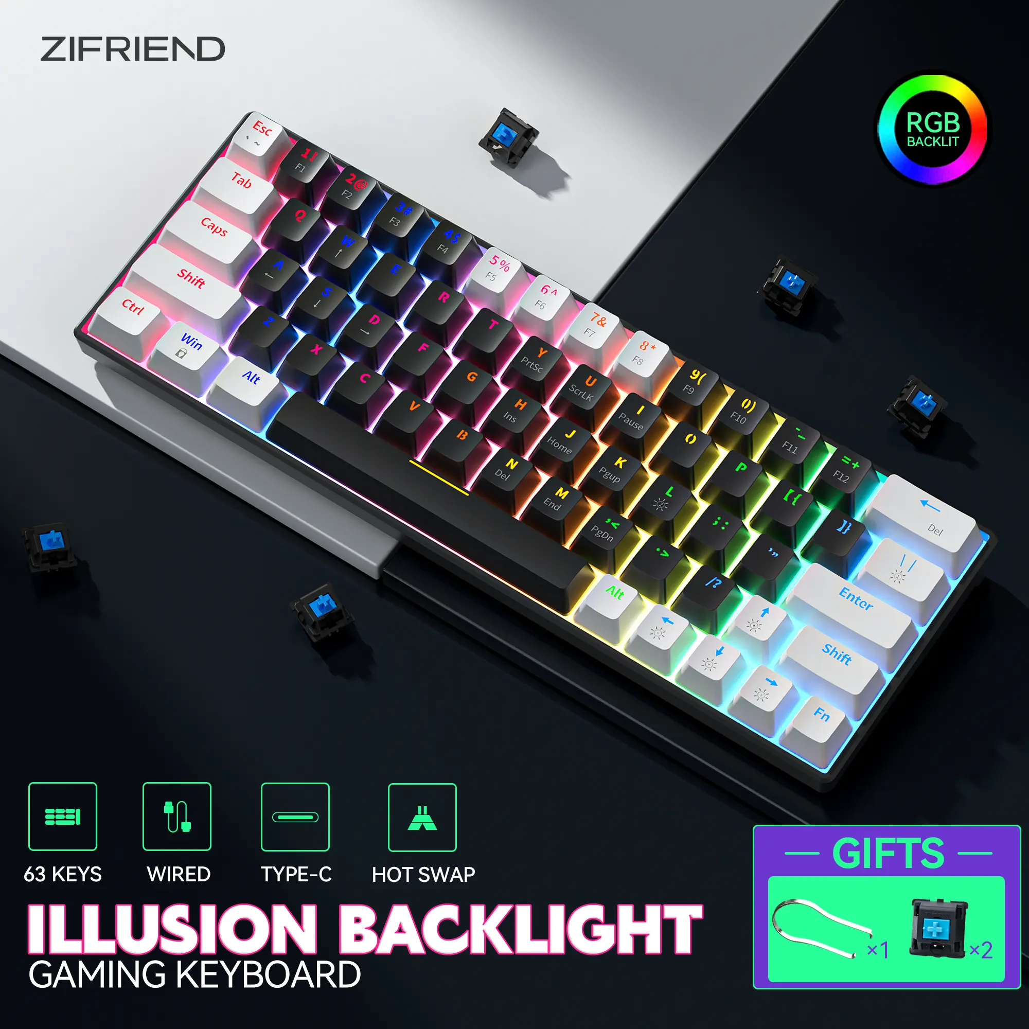 ZIFRIEND KA646 63 Keys Mechanical Keyboard Wired 60% Layout Mini