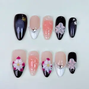 T102 Almond-shaped press on- nails for autumn and winter, new French Tip carved style, trendy and fashionable, detachable and reusable artificial nails