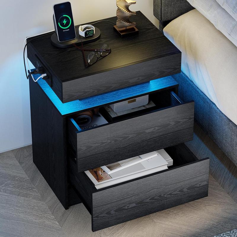 LIKIMIO Night Stand with Charging Station, Modern Nightstand with LED Light and 2 Drawers, Bedside Tables/End Table for Bedroom