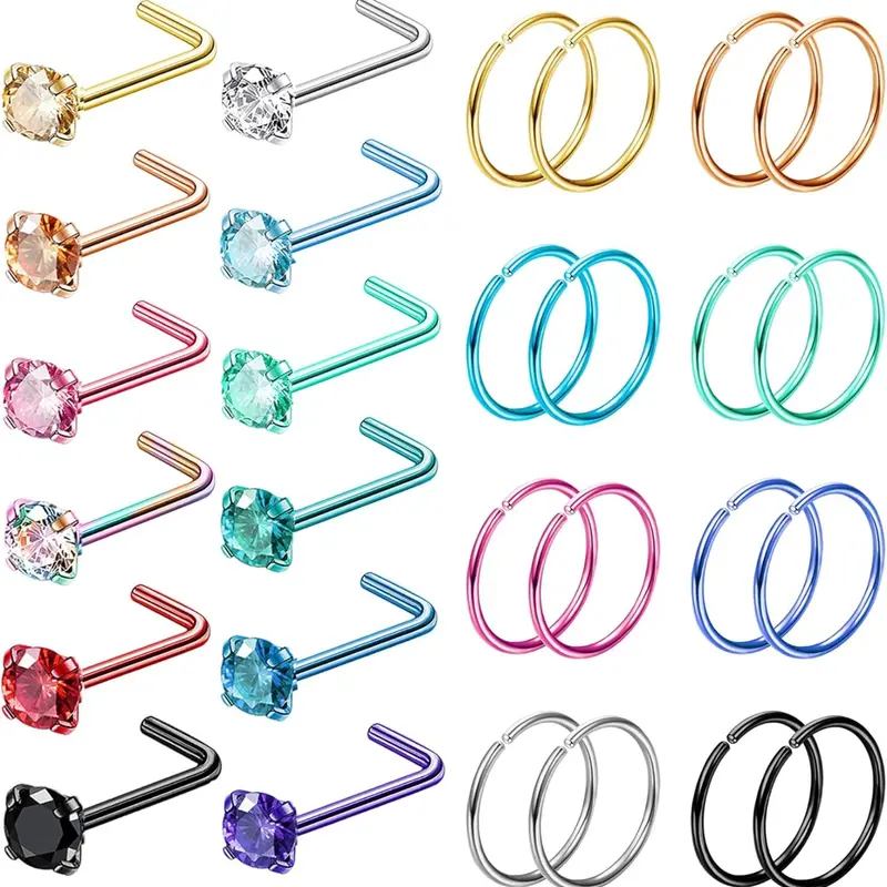 28PCS Hypoallergenic Nose Rings Hoops Studs - 316L Stainless Steel Nose Ring for Women Men - L Shaped CZ Nose Stud Hoop Nostril Piercings Body Piercing Jewelry Set Nose Piercing Kit 18G 20G 22G Silver Rose Gold Black Rainbow