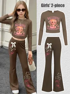 Girls' Spring & Fall Fashion Set Outfit, Cute Ballet Dance Letter Print Top + Star Bow Flare Pants, Casual Comfortable Clothes