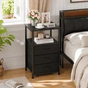 Littleox 3-Drawer Double-Layer Wooden Bedside Table with LED Strip, Multi-Purpose Storage Side Table with Charging Function for Bedroom, Living Room & Office
