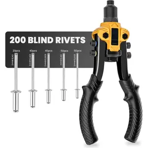 Rivet Gun, 1/4 Pop Rivet Gun Kit with 200 Blind Rivets, 5 Interchangeable Rivet Heads (3/32", 1/8", 5/32", 3/16", 1/4"), Heavy Duty Hand Riveter Tool  Metal, Gutter & Automotive