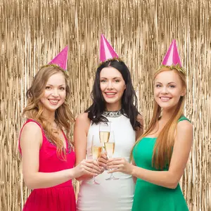 3 Pack Champagne Foil Fringe Curtains 3.3x8.2FT - Tinsel Backdrop for Birthday, Graduation, Baby Shower