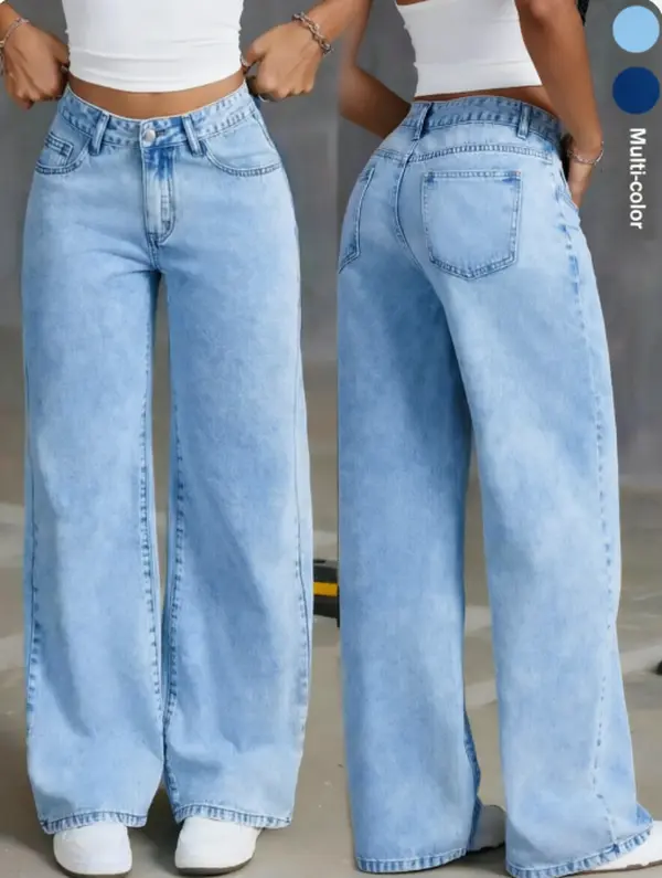 Women's Minimalist Solid Light Blue Denim Wide Leg Jeans - Summer Cool, 100% Denim, Vintage Basic, Unisex Streetwear Bottoms with Versatile Fits, Fabric, Lightweight, Essential, Soft, Simple, Breathable, Casual, Pocket, Pants, Relaxed Jeans, Cool Jeans, L