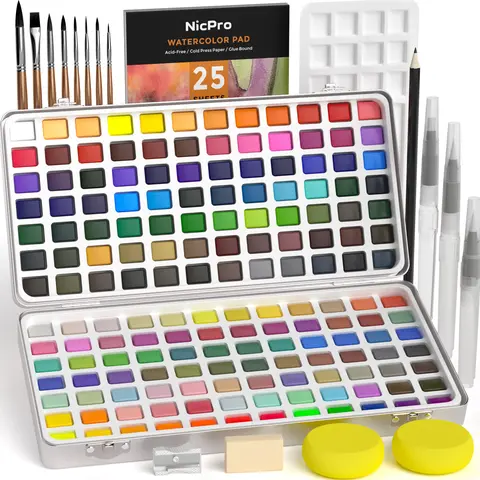 Nicpro 168-Color Deluxe Water-Based Non-Toxic Watercolor Paint Set - Metallic, Macaron, Candy, Fluorescent Paints, 8 Squirrel Brush Pens, 25 Paper Sheets, Palette, Storage Box - Arts Crafts Stationery, Art School Supplies for Beginner Artists