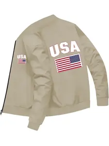 Casual Sports Style Unisex USA Letter and National Flag Printed Baseball Jacket for Daily Wear and Outdoor Activities
