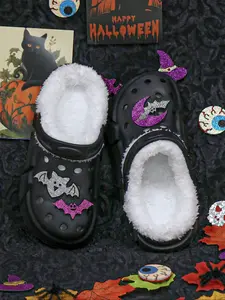 Halloween Winter Slip-On Clogs, Fleece Lined, Comfortable & Durable, Warm Indoor/outdoor Slippers with Bat Design