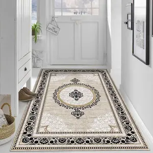 Velvet + 850g/m² + Anti-slip dotted backing, 1pc beige-black, European court pattern rug, versatile in decorating styles, high-definition pattern printing, double-locked edges, Home decorative rug
