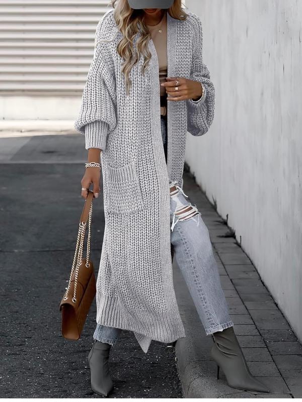 Long Cuff Sleeve Open Front Knit Long Duster Coat With Pockets