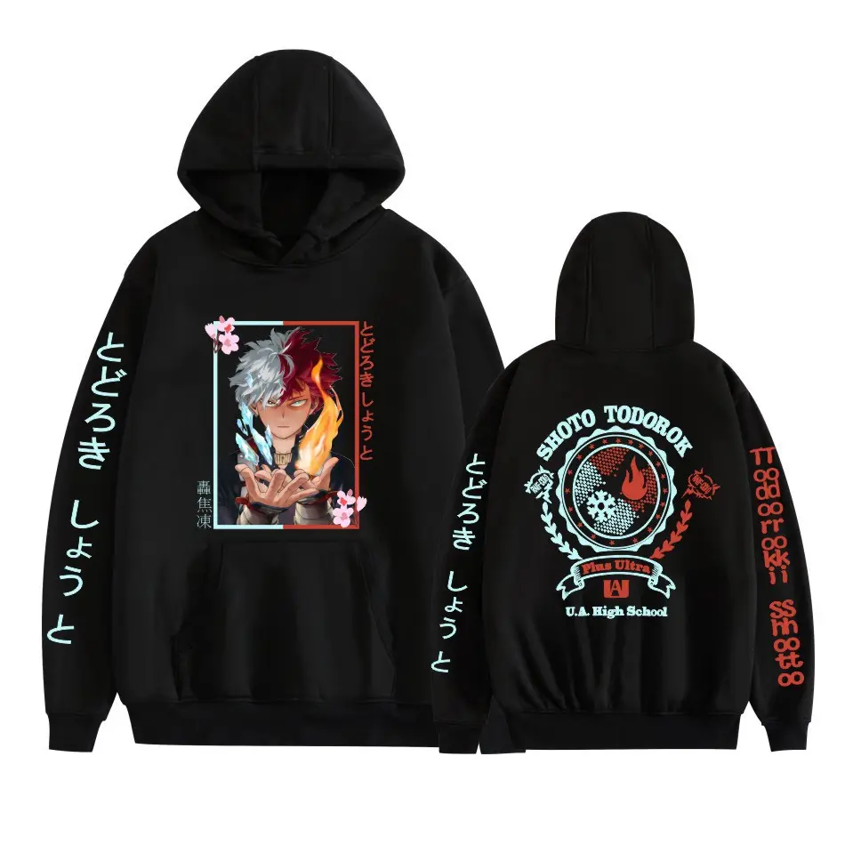 Menswear My Hero Academia Anime Print Hooded Sweatshirt, Unisex Casual Loose-Fit Long Sleeve Pullover Top, Cartoon Characters