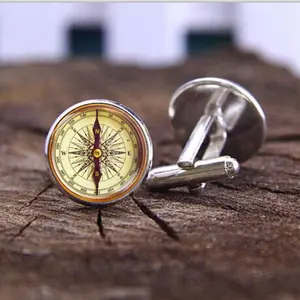 Vintage Compass Cufflinks for Men, Nautical Themed Silver Cuff Links, Explorer Gift for Wedding & Business