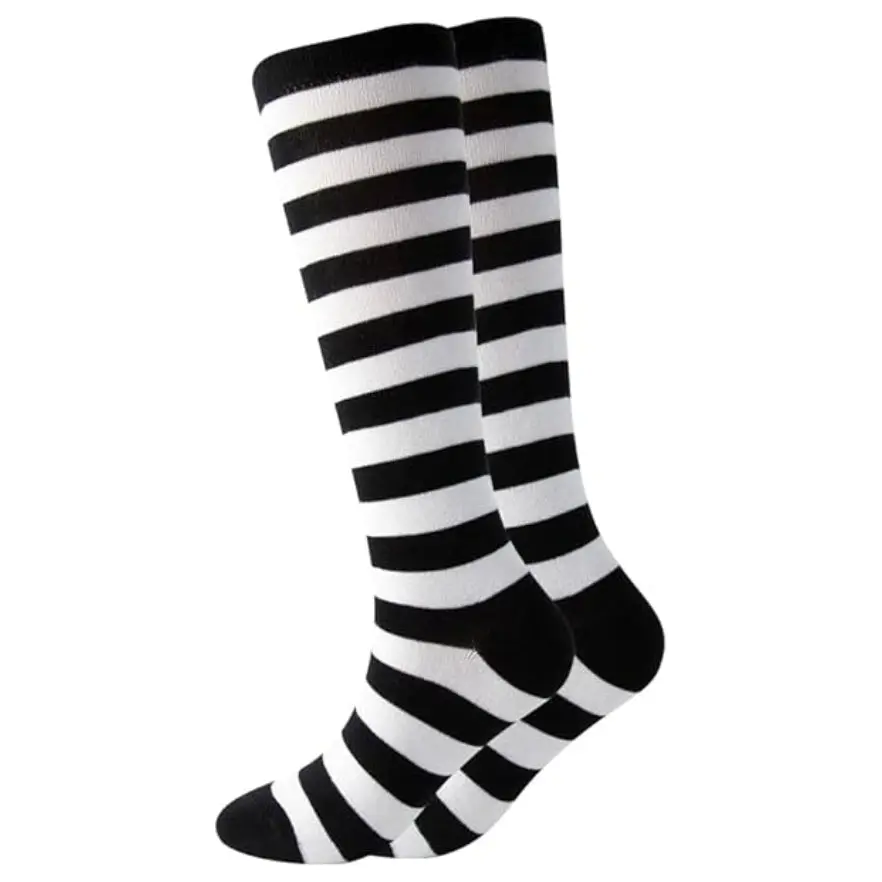 Striped Patterned Socks (Knee High) Black and White Women Fabric