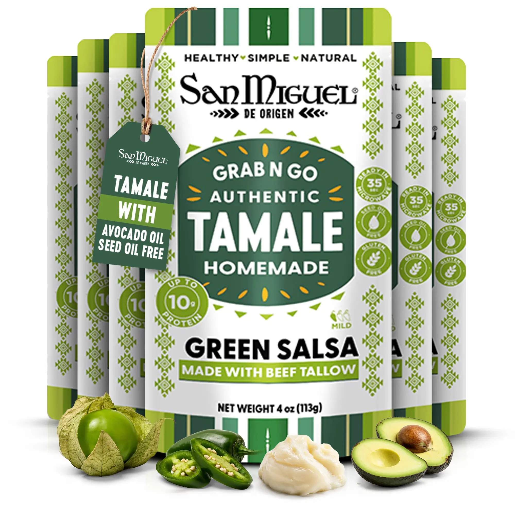 San Miguel Microwave Garlic-Infused Green Salsa Tamale Topping - Instant, Ambient, Room Temp Good Foods, Authentic Tomatillo Salsa with Baking Soda, Beef Tallow, Avocado Oil, High Protein, Black Pepper, Ready-to-Eat Pantry Food, 6-Pack (4 oz Each), Six Pa