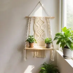 1pc Hanging Shelves , Wooden Floating Shelves, Wooden Wall Shelf, Boho Wall - Mounted Storage with Tassels, for Plant, Book, Decor Display, Home Organizer for Living Room, Bedroom