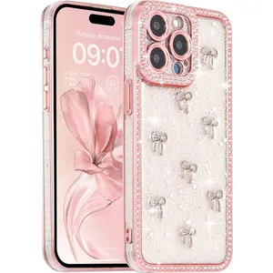 Case for iPhone 16e,3D Silvery Ribbon Bow,Crystal Clear Glitter Diamond Rhinestone Sequin Shiny Sparkly Bling,Aesthetic Transparent Soft for iPhone 16e Case - Pink/Silver Bow