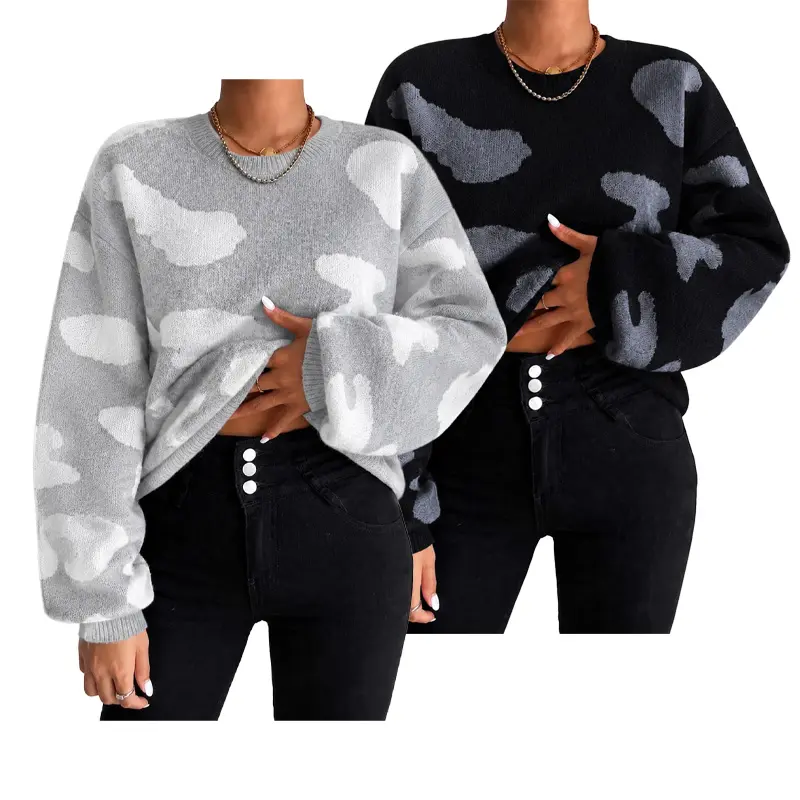 2pack Womens Oversized Leopard Camo Knit Sweater Unisex Relaxed Fit Crewneck Pullover Cozy Warm Soft Easy Care Fall Winter Animal Print Jumper Top Light Dark Gray Size S-XL
