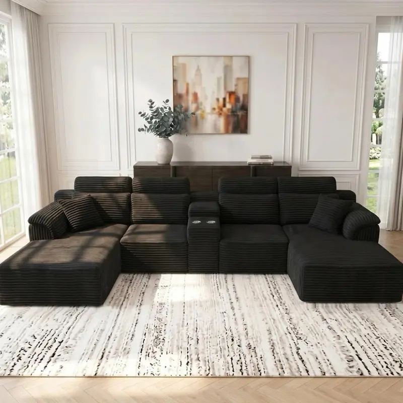 145" U Shaped Cloud Modular Sectional Couch Boneless Couch W/Cup Holders USStock