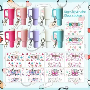 20PCS Nurse Theme Mini Tumbler Keychain Set, 10 Nurse UV DTF Wrap Stickers + 10 Mini Tumbler Cup Keychains, Small Storage Containers for Lipstick or Coins, Bag Charms & DIY Craft Accessories
