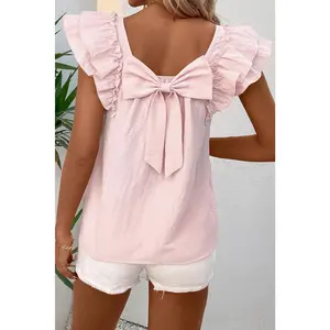Gossamer Pink Textured Bow Frilled Ruffle Sleeve Blouse