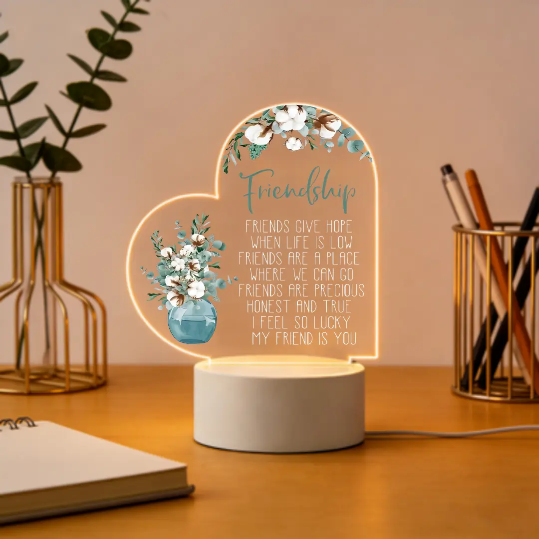 Heart Shape Acrylic Body LED Warm Light Desk Lamp with Floral Motif - Solid Symbol of Friendship, Birthday Gift Ideas for Women, Home Bedroom Window Festive Decor, Desk Lamps, No