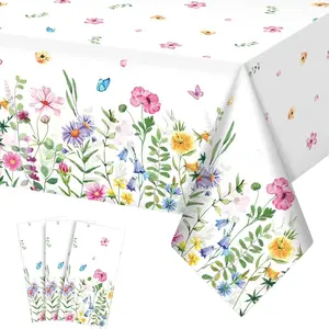 3Pcs Spring Floral Plastic Tablecloth,Pink Purple Blue Flower Butterfly Disposable Table Cover for Home Decor Summer Spring Picnic Dining Holiday Weeding Birthday Tea Party Decorations,54x108 Inch