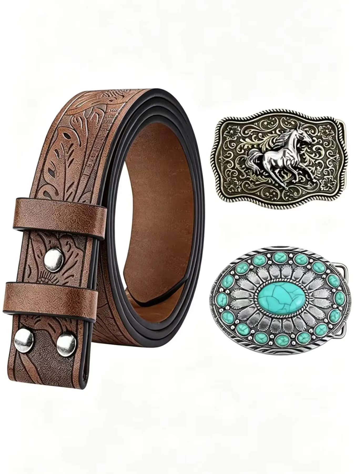 Western Style Belt with Two Buckles, Turquoise and Horse Design, Switch Styles Instantly, Stand Out in All Seasons