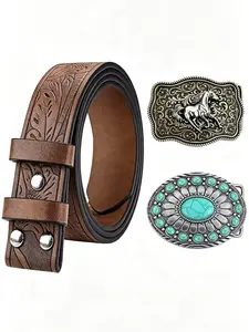 Western Style Belt with Two Buckles, Turquoise and Horse Design, Switch Styles Instantly, Stand Out in All Seasons