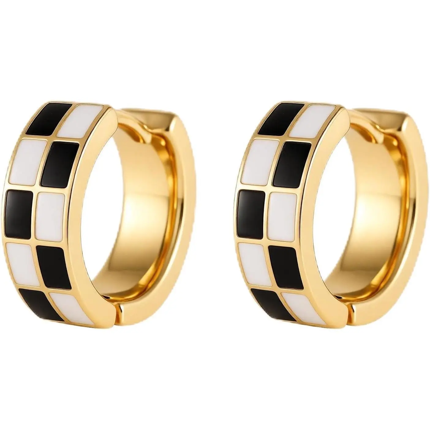 Women's Chic Checker Small Hoop Cartilage Earrings, White Black Enamel Hypoallergenic Gold-Silver Tone Teacher Gifts, Fashion Costume Jewelry Accessories