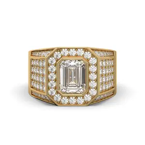 Men's Jewelry - Men's VVS Lab Diamond Ring | Emerald Cut and Round Halo | Yellow Gold