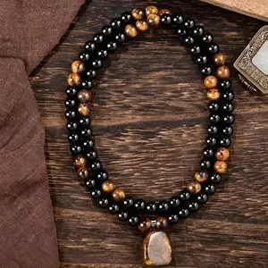 Obsidian & Tiger's Eye Prayer Bead Necklace | Square Tiger's Eye Pendant Amulet Necklace — Protection & Healing Jewelry for Men & Women