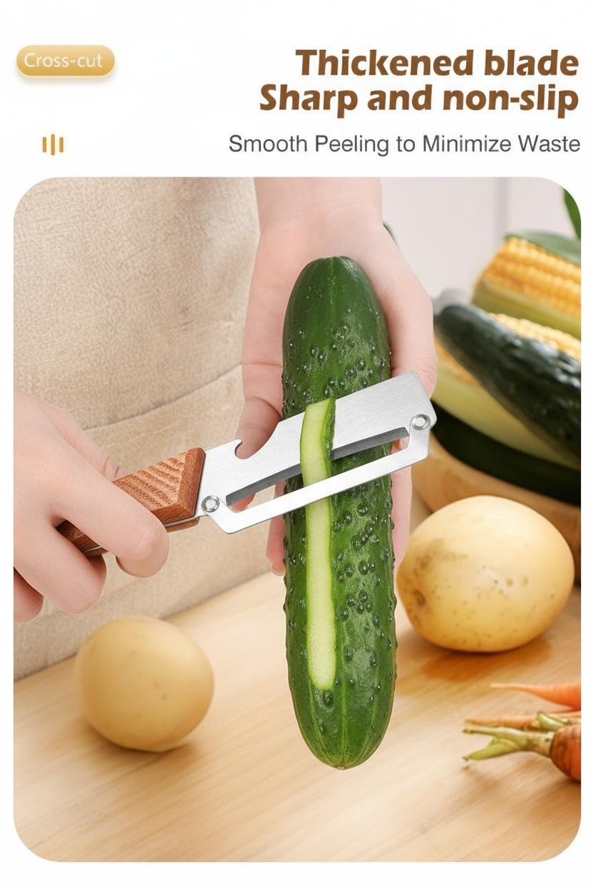 Wooden-Handled Stainless Steel Sharp Peeler with Built-In Bottle Opener for Fruits & Vegetables Ergonomic Non-Slip Handle Long-Lasting Construction Essential Kitchen Tool
