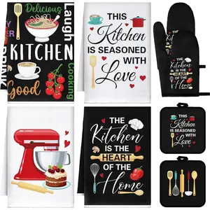 8 Pcs Cuisine Kitchen Decor Accessories Set Farmhouse Towels Oven Mitts Pot Holders Dishcloths Set Kitchen Decorative Absorbent Gloves Potholders for Chef Baking Cooking Bakeware Classic