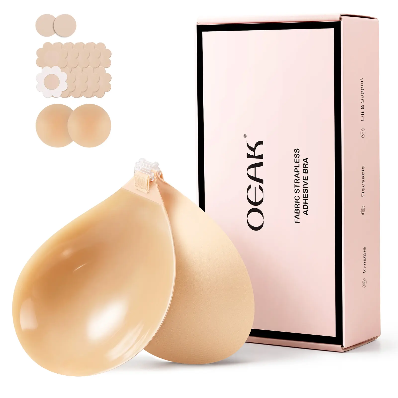OEAK Women Nipple Covers Sticky Bra Round Cup Fabric Adhesive Bra Reusable Pasties Invisible Breast Petals A-D