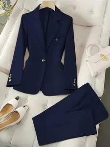A set of women's casual Elegant Chic Fitted navy blue long sleeve suit jacket and pants, suitable for autumn and winter, suitable for home, indoor, and outdoor wear