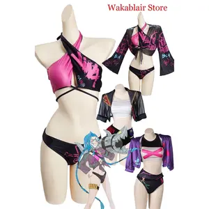 Party Arcane Jinx Vi Cosplay Swimsuit Keychain Game LOL Costume Women Girls Bikinis Swimwear Outfits Halloween Fantasia Suit
