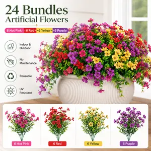 24 Bundles Artificial Christmas Flowers, Faux Outdoor Plastic Flower Bushes with Mixed Red Pink Yellow Purple Blooms, Realistic Fake Plants for Christmas Tree Accents, Wreaths, Planters, Porch Patio Window Box Home Holiday Decor