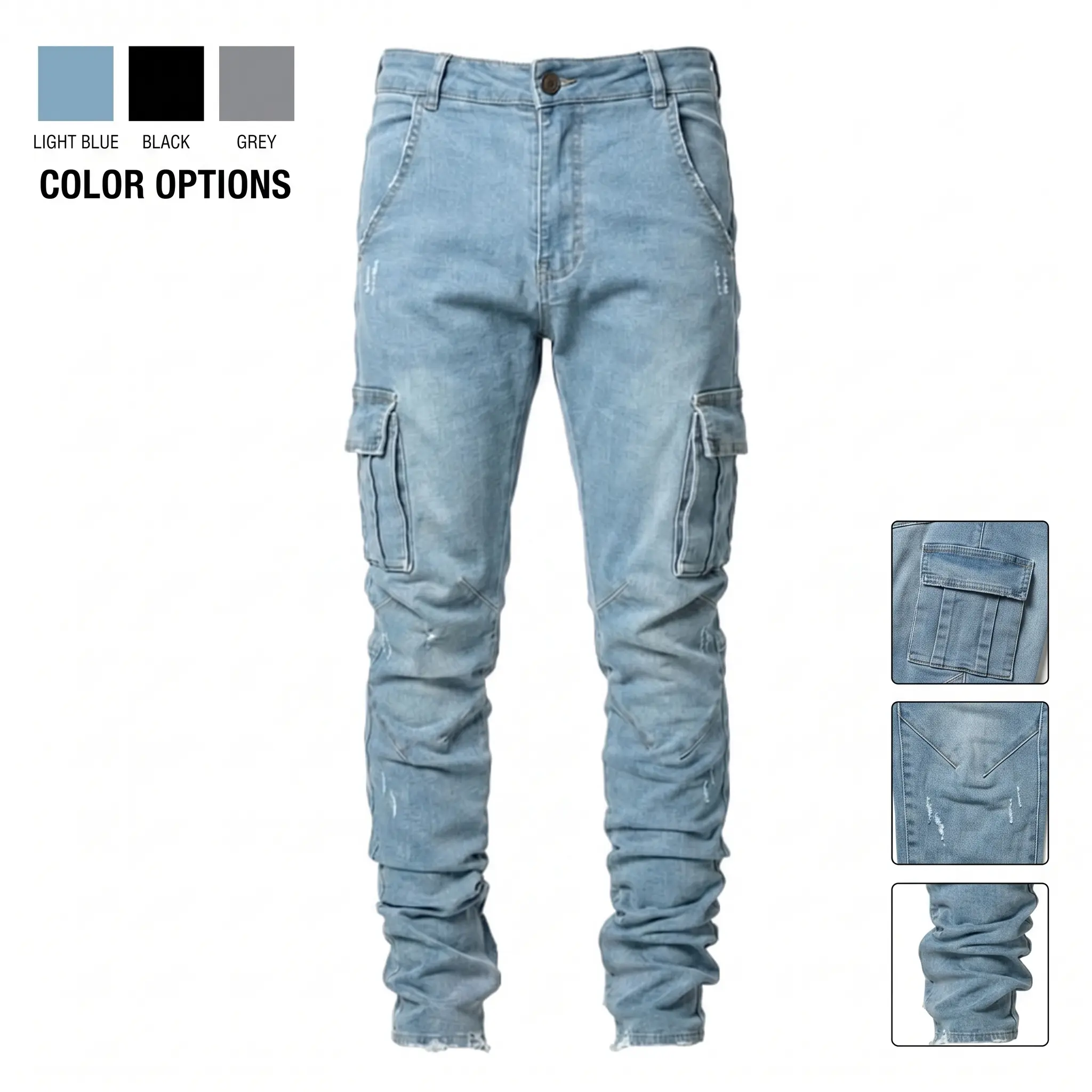 Men's Slim-Fit Dark Wash Denim Cargo Jeans - Stretch Poly Fabric, Side Cargo Pockets, Distressed Raw Hem, Ankle Length, Breathable, Durable, Comfortable, Black, Menswear, Denim Skinnies, Casual, Street-Ready Style for Daily Errands, Dark Wash Jeans, Poly