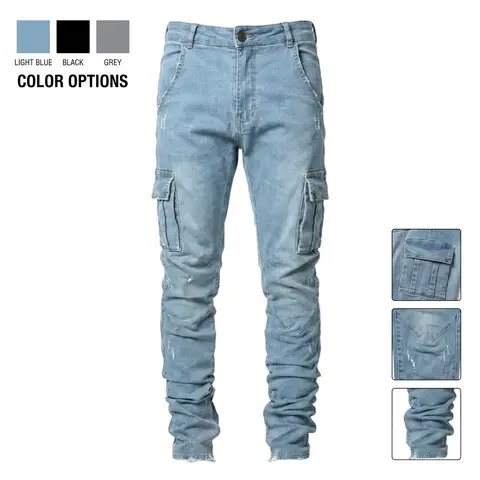 Men's Slim-Fitting Dark Wash Poly Denim Cargo Jeans - Cargo Style, Ankle Length, Below the Ankle, Side-Pocket Utility, Stretch, Breathable, Durable, Distressed Hem, All Seasons, Casual Urban Wear