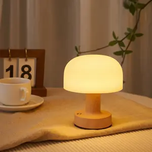 Cute Aesthetic Wood Grain Mushroom Table Lamp - IP65 Waterproof, 3-Color Stepless Dimming, Rechargeable Battery, Touch Control, Small Portable LED Light for Bathroom, Camping, Housewarming Dorm Gift