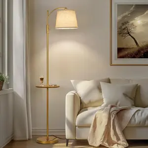 Fully Dimmable Floor Lamp for Living Room,Standing Lamp Rotary Switch with Table&Linen Beige Shade,Golden Tall Lamps for Bedroom with Adjust Head,9W LED Bulb Included