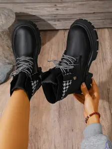 Women's Thick Sole Boots, Plaid Knit Sock Boots, Platform Heel Short Boots, Sweet Cool Style Motorcycle Boots