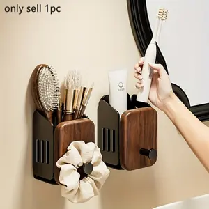 Walnut Wood Comb Storage Holder, No-Drill Wall Mounted Wooden Bathroom Organizer, Adhesive Tape Installation, Toothpaste and Toothbrush Rack, Hair Accessories Holder